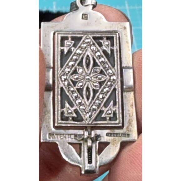 Art Deco Sterling Silver Marcasite Reversible Pendant Cross Floral Signed - Picture 8 of 9